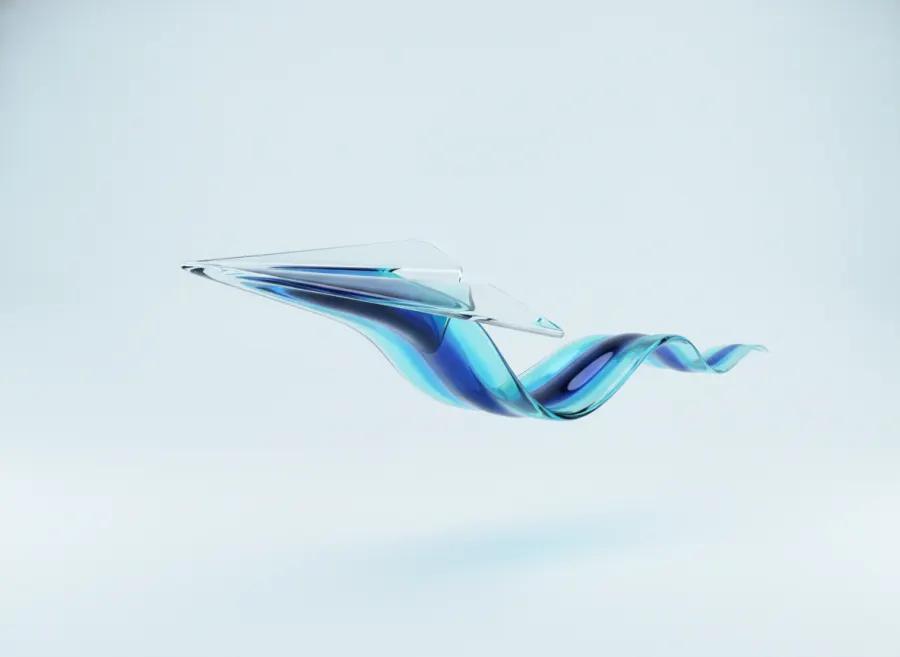 Glass paper plane with a liquid wave trail